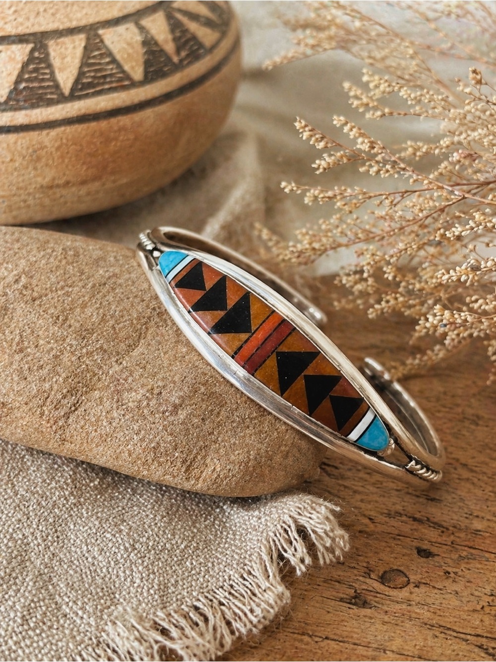 Southwestern Inlay Sterling Silver Cuff Bracelet | Navajo Style Bracelet